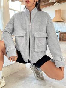 SHEIN Unity 落肩有蓋口袋夾克 - 灰色 - 查看 4