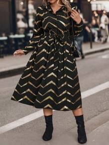 SHEIN LUNE Plus Chevron Print Belted Shirt Dress
