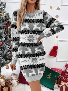 SHEIN Essnce 女士聖誕圖案毛衣連身裙 - 彩色 - 查看 4