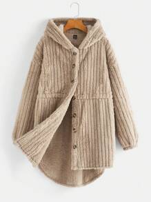 SHEIN Abrigo con capucha de unicolor esponjoso de maternidad con diseño de hombros caídos, para invierno - Caqui - Ver 7