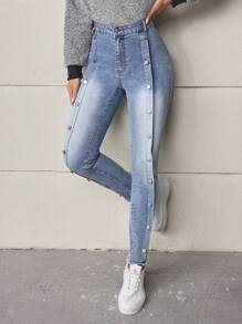 SHEIN LUNE Button Detail Slim Fit Denim Jeans