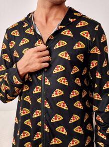 男士全印花比薩圖案拉鍊前帶兜帽家居套裝 - 黑色 - 查看 6