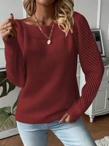 SHEIN Essnce 女款泡泡袖空心針織毛衣 - 酒紅色 - 查看 3