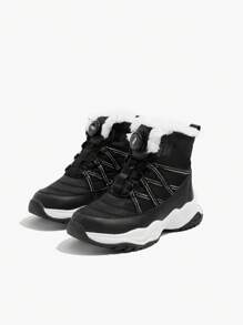 Fashionable Color-block Boys' Snow Boots With Comfortable Flat Sole, Warm Plush Lining And Rotating Buckle - Black - View 4