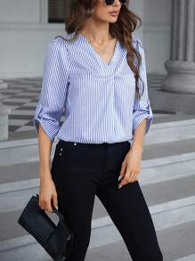 SHEIN Essnce Sọc Tay áo cuộn lên Áo sơ mi - Xanh đậm - Xem 5