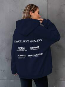 SHEIN Unity Loose Hoodie With Letter Printing And Drop-shoulder Design - Navy Blue - View 1