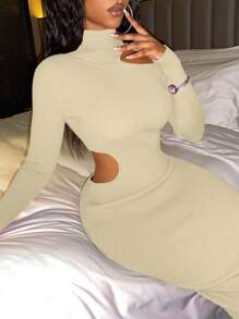 Slaydiva Solid Color High-collar Hollow Out Sweater Dress - Apricot - View 4