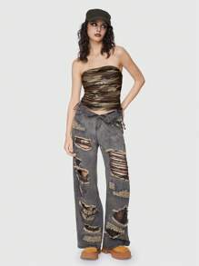 ROMWE Grunge Punk Camouflage-letter Printed Tube Top With Drawstring And Rhinestone Decor For Women - Multicolor - View 1