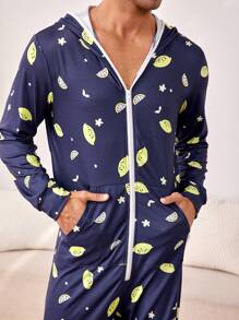 Men's Lemon Print Hooded Jumpsuit For Homewear - Multicolor - View 5