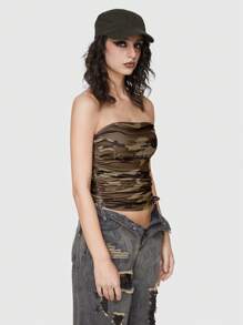 ROMWE Grunge Punk Camouflage-letter Printed Tube Top With Drawstring And Rhinestone Decor For Women - Multicolor - View 5