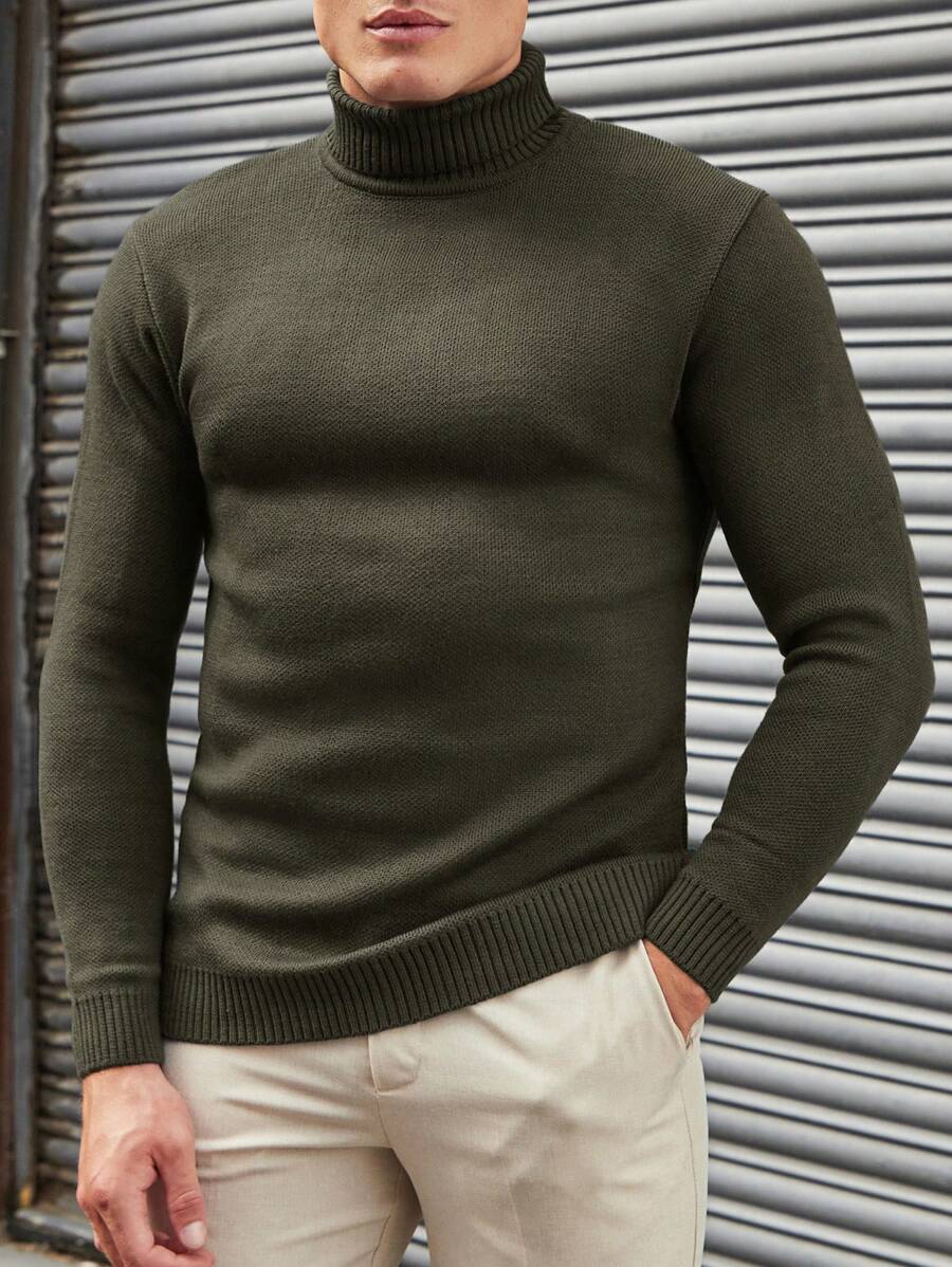 EURMUSE Suéter Simple De Cuello Alto De Color Sólido Para Hombre - Verde militar - Ver 1