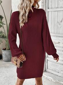 SHEIN LUNE 高領燈籠袖落肩毛衣連身裙 - 酒紅色 - 查看 4