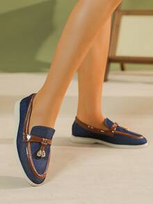 Women's Flat Bottom Flats With Low Vamp, Suitable For Fall And Winter, Work And Casual Wear, Leather Upper, Soft And Comfortable Bottom, Loafers In Large Size 41-43 - Blue - View 5