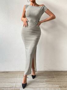 Chiquease Women's Asymmetric Cold Shoulder High Slit Dress - Champagne - View 4