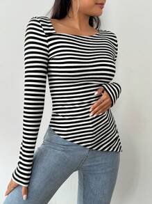SHEIN Essnce Women's Striped Asymmetrical Shoulder Slim Fit T-Shirt - Black and White - View 3