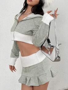 SHEIN Unity Women's Colorblock Drawstring Hooded Cropped Sweatshirt And Skirt Two Piece Set - Grey - View 6