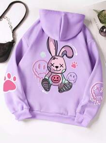 INAWLY 女士卡通印花连帽羊毛运动衫，带抽绳，长袖上衣 - 紫色 - 查看 1