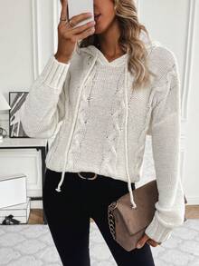 SHEIN Essnce Xoắn Dan Thả vai Dây rút áo có mũ Áo len - Màu be - Xem 4