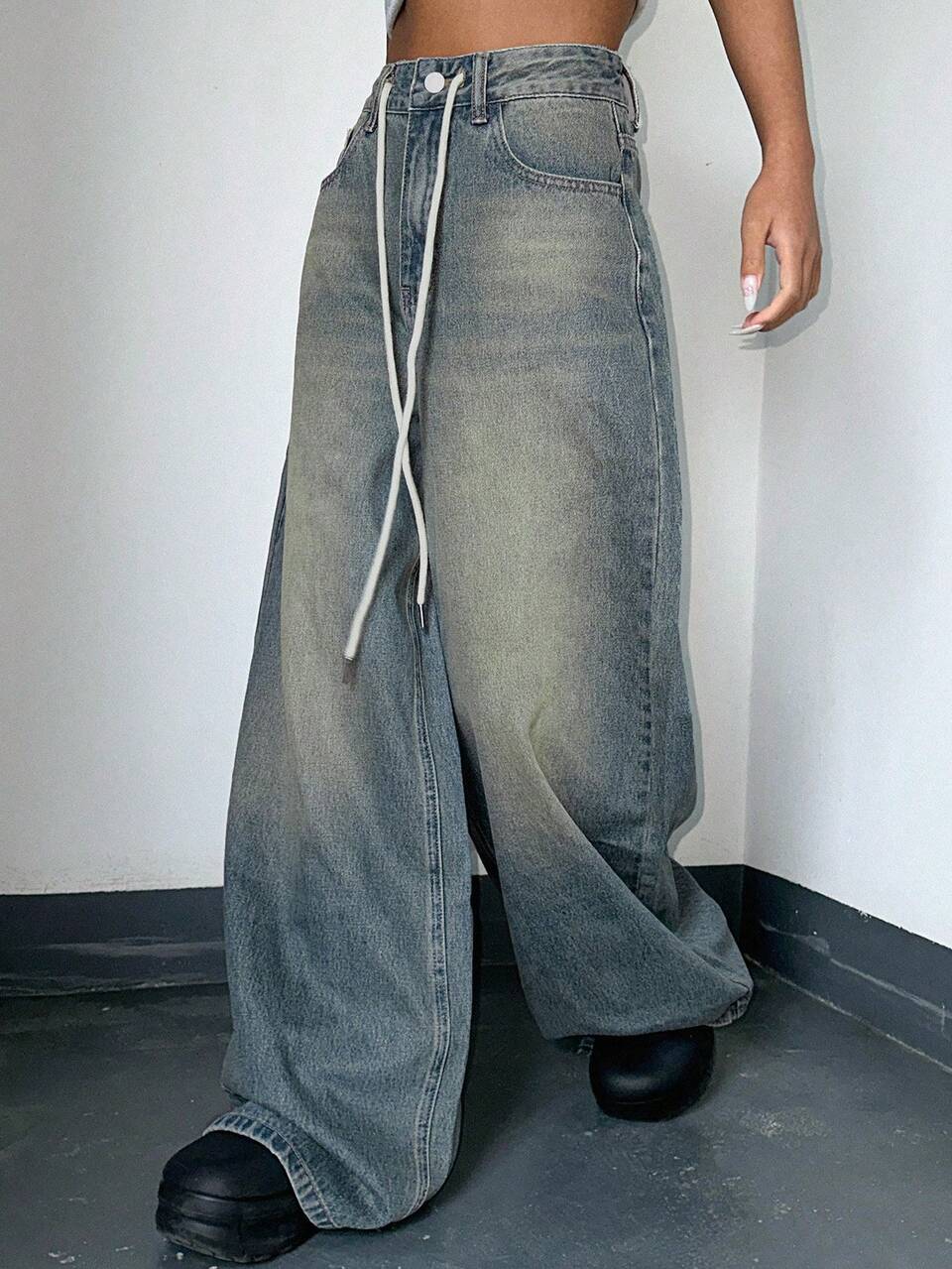 Women's Drawstring Waist Loose Fit Denim Pants,Baggy Jeans