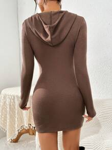 SHEIN Essnce Women's Solid Color Zipper Drawstring Hooded Dress - Yellow - View 3