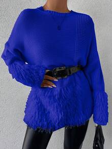 EURMUSE Women's Solid Color Round Neck Shaggy Knit Sweater Without Waist Belt - Royal Blue - View 4
