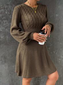 SHEIN Frenchy Lantern Sleeve Cable Knit Sweater Dress - Mocha Brown - View 4