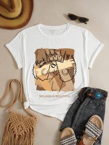 INAWLY 女士大尺碼人物和口號印花t恤 - 白色 - 查看 3