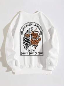 SHEIN EZwear Plus Size Skull And Letter Print Round Collar Sweatshirt - White - View 1