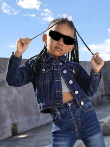 Young Girl Flap Detail Button Up Denim Jacket - Dark Wash - View 1