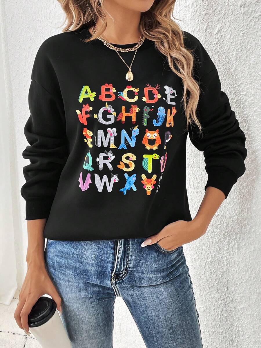 SHEIN LUNE Lỏng lẻo phù hợp Vòng cổ Áo nỉ Với In Khẩu hiệu Và Thả vai - màu đen - Xem 1