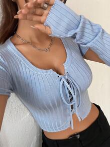 SHEIN Unity Top Con Tirantes Cruzados De Canalé De Color Liso Con Lazos En Las Mangas