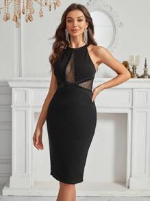 SHEIN Belle 圓領,串珠提花緞帶拼貼,透視,後開衩女性洋裝 - 黑色 - 查看 6