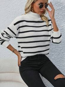 EMERY ROSE Của phụ nữ Sọc Áo cao cổ Áo chui đầu Áo len - Đen và trắng - Xem 4