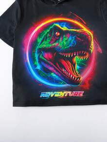 SHEIN Toddler Boys' Casual Loose Fit Hooded Short Sleeve Top With Dinosaur Print - Black - View 5