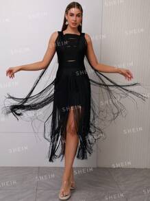 露肩性感流蘇綁帶緊身連身裙,適用於雞尾酒派對 - 黑色 - 查看 7