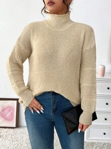 Celure Suéter De Color Sólido De Talla Grande Con Cuello Alto Y Hombros Caídos - Albaricoque - Ver 1