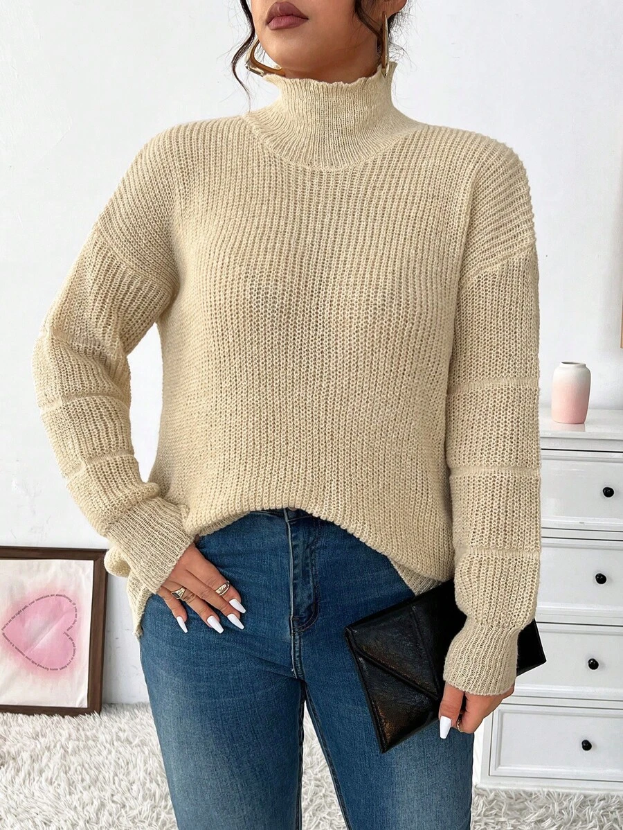 Celure Suéter De Color Sólido De Talla Grande Con Cuello Alto Y Hombros Caídos - Albaricoque - Ver 1