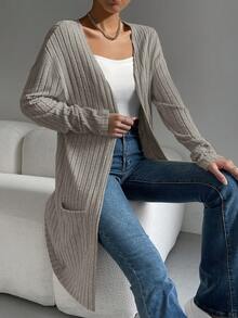 SHEIN Essnce 有貼袋的實色細肋長外套 - 杏色 - 查看 4