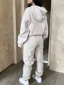 SHEIN EZwear 女字母印花連帽衫和運動褲兩件套 - 白色 - 查看 4