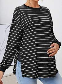 SHEIN Maternity Striped Drop Shoulder Split Hem Tee With Long Sleeve