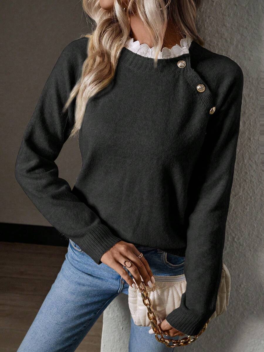 SHEIN LUNE Áo len nữ tay raglan phối ren và cúc, áo dài tay dệt kim kiểu dáng chui đầu mùa thu đông. - màu đen - Xem 1