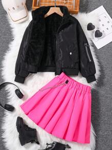 SHEIN Tween 女童毛绒衬里夹克和链条细节短裙两件套 - 彩色 - 查看 1