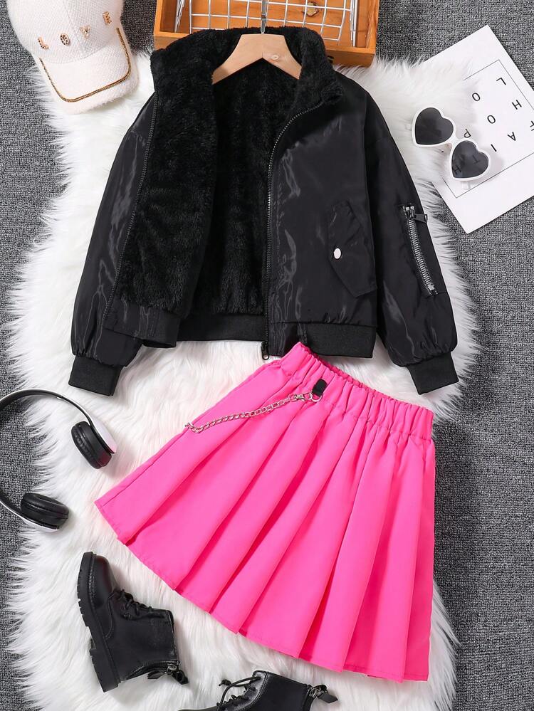 Tween Girl's Fuzzy Lined Jacket And Chain Detail Skirt Two-Piece Set