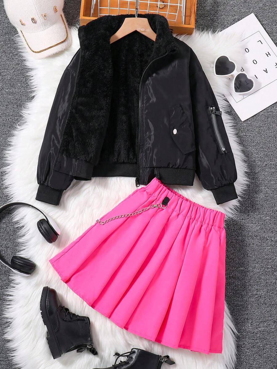 SHEIN Tween 女童毛绒衬里夹克和链条细节短裙两件套 - 彩色 - 查看 1