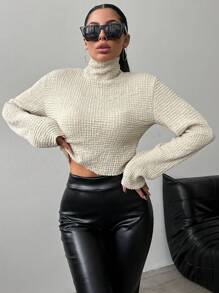 EURMUSE Ladies' Solid Textured Mock Neck Long Sleeve T-shirt - Beige - View 4