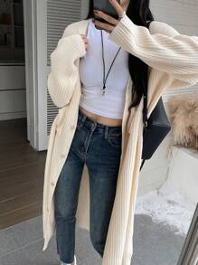 DAZY 女士纯色落肩长款开衫 - 米色 - 查看 1