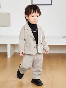 SHEIN Unisex Baby Solid Color Lapel Coat Wide-leg Trousers Two-piece Set - Apricot - View 5