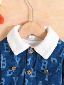 寶寶男孩字母圖案貝里絨衣領泰迪皮毛襯裡外套