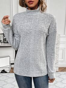 SHEIN LUNE Solid Color Half High Collar T-shirt Embellished With Pearl Studs - Grey - View 5