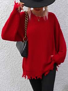 SHEIN LUNE Women'S Solid Color Drop Shoulder Distressed Hem Sweater - Red - View 5